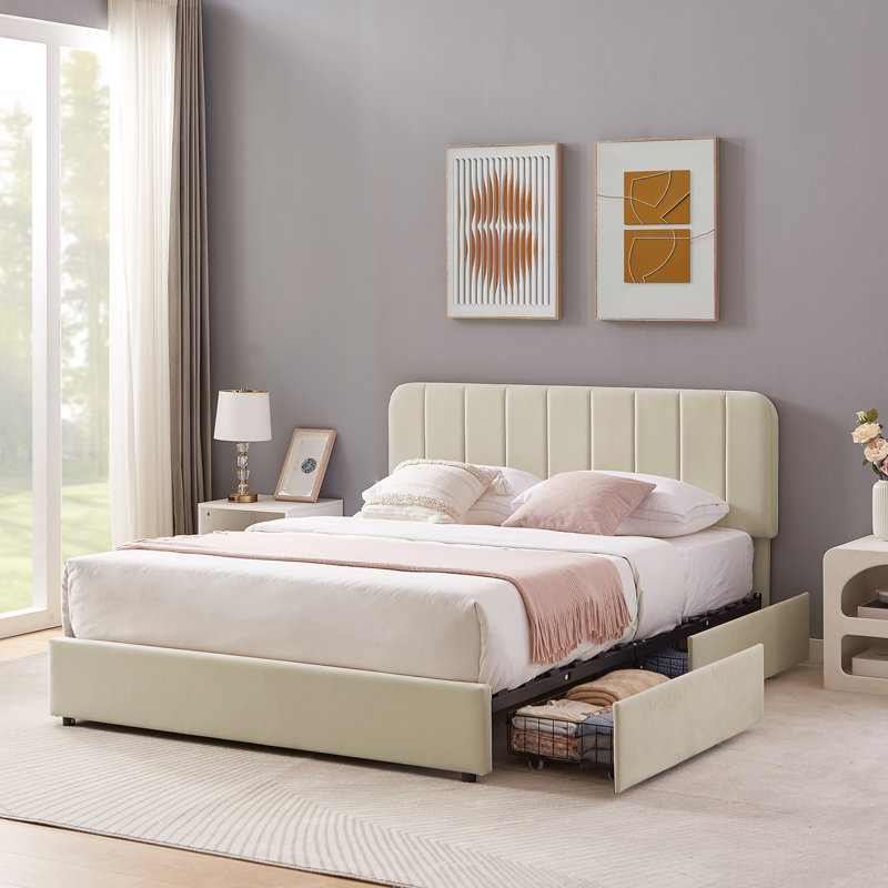 Willa Arlo Interiors Huntsville Bed Frame with 4 Storage Drawers Velvet Upholstered Platform Bed Adjustable Headboard Reviews Wayfair